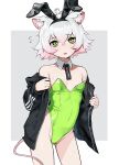  1girl absurdres adidas animal_ear_fluff animal_ears bare_shoulders blush breasts clothes_writing covered_navel cowboy_shot detached_collar fake_animal_ears green_eyes green_leotard highleg highleg_leotard highres jacket leotard long_sleeves looking_at_viewer mouse_ears mouse_girl mouse_tail multicolored_hair off_shoulder open_mouth original perl_(vertigris) playboy_bunny rabbit_ears short_hair simple_background small_breasts solo strapless strapless_leotard sweatdrop tail vertigris white_hair 