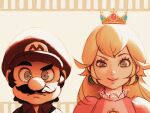  1boy 1girl bellhenge blonde_hair blue_overalls brown_hair closed_mouth collared_shirt crown dress earrings facial_hair grey_eyes hair_between_eyes hat jewelry long_hair looking_at_viewer mario mario_(series) mustache overalls pink_dress princess_peach red_headwear red_shirt shirt simple_background the_super_mario_bros._movie upper_body 