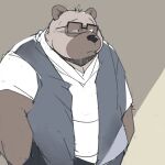  1:1 2023 anthro black_nose brown_body canid canine clothing eyewear glasses kemono male mammal overweight overweight_male raccoon_dog sad shirt simple_background solo tanuki taro_heppoko topwear 