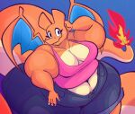  2023 aimbot-jones anthro big_breasts bottomwear breasts charizard clothing digital_media_(artwork) eyelashes female generation_1_pokemon hand_behind_head huge_belly huge_hips huge_thighs looking_at_viewer nintendo obese obese_anthro obese_female overweight overweight_anthro overweight_female pokemon pokemon_(species) shorts smile solo thick_thighs valentina_(aimbot-jones) 