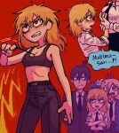  1boy 3girls absurdres arms_behind_back batrobin_k black_hair black_jacket black_necktie black_sports_bra blonde_hair blue_eyes blush breast_grab chainsaw_man collared_shirt cross-shaped_pupils crossed_arms denji_(chainsaw_man) formal frown genderswap genderswap_(mtf) grabbing guided_breast_grab guiding_hand hayakawa_aki height_difference highres horns jacket long_hair makima_(chainsaw_man) medium_hair messy_hair multiple_girls necktie open_mouth power_(chainsaw_man) red_background red_eyes red_hair red_horns sharp_teeth shirt shirt_tucked_in short_hair sidelocks simple_background sleeves_rolled_up sports_bra suit sweat symbol-shaped_pupils teeth topknot v white_shirt yellow_eyes yuri 
