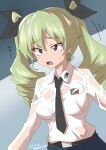  1girl absurdres anchovy_(girls_und_panzer) anzio_school_uniform belt black_belt black_necktie black_ribbon black_skirt brown_eyes commentary_request dated dress_shirt drill_hair drops_mint emblem frown girls_und_panzer green_hair hair_ribbon highres long_hair long_sleeves looking_to_the_side motion_lines necktie open_mouth pleated_skirt ribbon school_uniform see-through shirt skirt solo standing translated twin_drills twintails twitter_username wet wet_clothes wet_shirt white_shirt wing_collar 