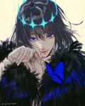  1boy absurdres arthropod_boy black_hair blue_eyes cape collared_shirt crown diamond_hairband fate/grand_order fate_(series) fur-trimmed_cape fur_trim highres long_sleeves looking_at_viewer maidhao male_focus medium_hair oberon_(fate) oberon_(third_ascension)_(fate) shirt signature simple_background solo upper_body white_background white_shirt 