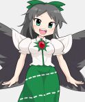  1girl bird_wings black_hair black_wings blush bow breasts cape collared_shirt commentary_request cookie_(touhou) cowboy_shot green_bow green_eyes green_skirt hair_bow hospital_king long_hair looking_at_viewer medium_breasts mukumuku_(cookie) open_mouth puffy_short_sleeves puffy_sleeves reiuji_utsuho round_teeth shirt short_bangs short_sleeves simple_background skirt smile solo teeth third_eye touhou upper_teeth_only white_cape white_shirt wings 