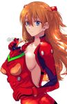  1girl blue_eyes bodysuit breasts closed_mouth commentary_request highres interface_headset long_hair looking_at_viewer medium_breasts multicolored_bodysuit multicolored_clothes n0lilica neon_genesis_evangelion orange_hair pilot_suit plugsuit red_bodysuit sideboob solo souryuu_asuka_langley twitter_username undressing 