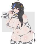  1girl ahoge animal_ears arm_behind_back bell bikini blue_eyes blush breasts cleavage collar commission cow_print_bikini cow_tail cowboy_shot detached_sleeves ear_tag grey_background highres horns huge_breasts leaning_forward long_hair micro_bikini multicolored_hair muroku_(aimichiyo0526) navel neck_bell open_mouth original shoulder_blush simple_background skeb_commission skindentation solo string_bikini sweat swimsuit tail tareme thick_thighs thighhighs thighs two-tone_hair white_background 