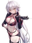  1girl ahoge belt bikini black_bikini black_choker black_gloves breasts choker closed_mouth cropped_jacket fate/grand_order fate_(series) gloves hand_on_own_hip highres holding holding_sword holding_weapon jeanne_d&#039;arc_alter_(avenger)_(fate) jeanne_d&#039;arc_alter_(fate) jeanne_d&#039;arc_alter_(swimsuit_berserker)_(fate) large_breasts navel o-ring simple_background solo stomach swimsuit sword tesin_(7aehyun) thigh_strap weapon white_background white_hair yellow_eyes 
