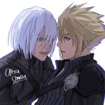  2boys armor black_jumpsuit black_shirt black_turtleneck blonde_hair chest_harness child cloud_strife dissidia_final_fantasy dissidia_final_fantasy_opera_omnia earrings english_text final_fantasy final_fantasy_vii final_fantasy_vii_advent_children forward green_eyes grin harness high_collar highres implied_yaoi jewelry jumpsuit kadaj leaning male_focus messy_hair multiple_boys open_mouth parted_lips shirt short_hair shoulder_armor slit_pupils smile spiked_hair straight_hair turtleneck white_background white_hair 