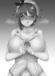  1girl :p atelier_(series) atelier_ryza atelier_ryza_2 beret blush bow_hairband braid breasts collarbone collared_shirt covered_nipples drop_earrings earrings english_commentary greyscale hair_ornament hairband hairpin half-closed_eyes hat heart jewelry joosi large_breasts licking_lips looking_at_viewer monochrome naughty_face penetration_gesture reisalin_stout sexually_suggestive shirt short_hair single_braid single_earring sleeveless sleeveless_shirt solo star_(symbol) star_earrings tongue tongue_out 