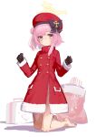  1girl bare_shoulders beret black_gloves blue_archive blush bottomless breasts buttons christmas_stocking closed_mouth coat double-breasted full_body gloves groin had_(had314) hair_bun halo hands_up hat highres kneeling long_sleeves looking_at_viewer pink_eyes pink_hair red_coat red_headwear serina_(blue_archive) serina_(christmas)_(blue_archive) short_hair small_breasts smile solo 