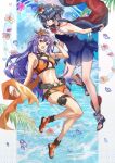  2girls bare_shoulders belt bikini blue_gloves blue_hair blue_sky breasts cleavage fingerless_gloves fire_emblem fire_emblem:_radiant_dawn fire_emblem_awakening fire_emblem_heroes flower full_body gloves hair_flower hair_ornament highres long_hair looking_at_viewer lucina_(fire_emblem) lucina_(summer)_(fire_emblem) marth_(fire_emblem_awakening) mask mia_(fire_emblem) mia_(summer)_(fire_emblem) multiple_girls navel ocean official_alternate_costume okurasato open_mouth parted_lips purple_hair see-through short_hair sky swimsuit teeth twitter_username upper_teeth_only very_long_hair 