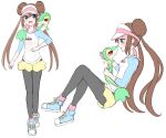  1girl :d black_pantyhose blue_eyes blush bow brown_hair commentary_request double_bun doughnut_hair_bun hair_bun highres holding holding_pokemon legwear_under_shorts multiple_views on_shoulder open_mouth pantyhose pink_bow pokemon pokemon_(creature) pokemon_(game) pokemon_bw2 pokemon_on_shoulder pokeneko_(punpunpun0425) raglan_sleeves rosa_(pokemon) shoes short_shorts shorts simple_background smile sneakers snivy standing twintails visor_cap white_background yellow_shorts 