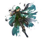  1boy black_cape black_coat black_footwear black_gloves black_pants boots cape clenched_teeth coat dagger domino_mask fire_emblem fire_emblem:_radiant_dawn fire_emblem_heroes gloves green_hair holding holding_dagger holding_knife holding_weapon kita_senri knife mask official_alternate_costume official_art pants sothe_(fire_emblem) sothe_(thief)_(fire_emblem) teeth weapon 