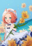  absurdres animal_ear_fluff animal_ears bangs_pinned_back blue_sky blurry bow calico carrying cat_ears cat_girl cat_tail depth_of_field detached_collar diona_(genshin_concert)_(genshin_impact) diona_(genshin_impact) dress field flower flower_field forehead frilled_dress frills genshin_impact green_eyes hair_bow hair_ribbon hat highres holding holding_flower official_alternate_costume open_mouth outdoors pink_hair ribbon sky sunflower sunflower_field tail thick_eyebrows white_dress wind zx961219 