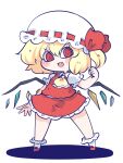  1girl ascot blonde_hair blush bobby_socks chahan_(fried_rice0614) clenched_hand collared_shirt crystal_wings fang flandre_scarlet frilled_ascot frilled_shirt_collar frilled_skirt frilled_sleeves frilled_socks frills full_body hair_between_eyes hand_up hat hat_ribbon highres mary_janes mob_cap one_side_up puffy_short_sleeves puffy_sleeves red_eyes red_footwear red_ribbon red_skirt red_vest ribbon shadow shirt shoes short_hair short_sleeves simple_background skirt skirt_set socks solo touhou vest white_background white_headwear white_shirt white_socks wings yellow_ascot 