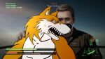  ace_combat ace_combat_7 angry anthro bandai_namco belkanloyalist_(artist) blue8492_(artist) bodily_fluids canid canine canis catwalk cloud duo fight flight_suit gameplay_mechanics georg_(ace_combat_7) grabbing_shoulders gui health_bar hi_res human humanoid male mammal rage_face shocked_expression sweat sweatdrop trigger_(ace_combat_7) wolf 