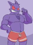  2023 4_fingers anthro belly belly_tuft biceps biped body_hair bottomwear chest_tuft clothed clothing cosmicboy02 digital_media_(artwork) fingers fur generation_1_pokemon gengar grin hair hand_on_hip hi_res looking_at_viewer male musclegut navel nintendo pecs pokemon pokemon_(species) pokemorph purple_body purple_fur red_bottomwear red_clothing red_eyes red_shorts shirtless shirtless_anthro shirtless_male shorts signature simple_background smile solo spirit standing teeth toothpick topless topless_anthro topless_male tuft 