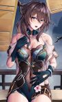  1girl absurdres aqua_eyes bare_shoulders blue_gloves breasts brown_hair chinese_clothes cleavage clothing_cutout commentary_request covered_navel cowboy_shot gloves hair_between_eyes highres honkai:_star_rail honkai_(series) korean_commentary looking_at_viewer medium_hair open_mouth pyeong-il_pyeongil ruan_mei_(honkai:_star_rail) short_sleeves shoulder_cutout solo 
