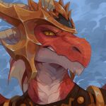  1:1 anthro armor blizzard_entertainment bust_portrait cloud corzh77 dracthyr dragon front_view glistening glistening_eyes headgear helmet hi_res horn looking_at_viewer male orange_eyes portrait pupils red_body red_scales ridged_horn scales scalie solo tan_horn teeth unusual_pupils warcraft western_dragon 