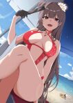  1girl bare_shoulders beach blue_sky blunt_bangs bolt_(nikke) breasts brown_hair cleavage cleavage_cutout clothing_cutout dog double_bun earrings flower gloves goddess_of_victory:_nikke hair_bun half_gloves hand_fan highres holding holding_fan jewelry kana_(wucz8478) long_hair medium_breasts necklace one-piece_swimsuit open_mouth outdoors red_eyes sidelocks sky sleeveless smile solo_focus swimsuit yan_(nikke) 