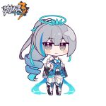  1girl bangs bare_shoulders black_gloves blush_stickers boots breasts bronya_zaychik bronya_zaychik_(herrscher_of_truth) chibi cleavage closed_mouth copyright_name dress elbow_gloves eta full_body gloves grey_eyes grey_hair hair_between_eyes halo honkai_(series) honkai_impact_3rd knee_boots long_hair looking_at_viewer medium_breasts ponytail ringlets simple_background smile solo standing thighhighs thighhighs_under_boots very_long_hair white_background white_dress white_footwear white_thighhighs 