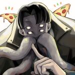  1boy black_hair black_jacket bob_cut choujin_x closed_mouth cropped_torso extra_eyes food grey_eyes highres jacket looking_at_viewer male_focus mouth_tentacles pizza pizza_slice ricardo_terror short_hair simple_background solo tentacle_tongue tentacles upper_body white_background white_eyes yuma_kahara 