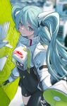  1girl absurdres black_bodysuit black_thighhighs bodysuit green_eyes green_hair hatsune_miku highres holding holding_megaphone long_hair looking_at_viewer megaphone racing_miku racing_miku_(2022) scalo single_thighhigh solo thighhighs twintails vocaloid 
