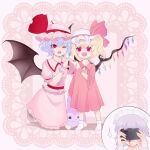  3girls aged_down baby.lemon bat_wings black_nails blood camera collared_shirt commentary dress english_commentary fangs flandre_scarlet frilled_shirt frilled_shirt_collar frilled_skirt frilled_sleeves frills grey_hair hand_on_another&#039;s_shoulder happy hat hat_ribbon heart heart_hands heart_hands_duo highres holding holding_camera izayoi_sakuya looking_at_another maid_headdress mob_cap multicolored_wings multiple_girls nail_polish no_shoes nosebleed one_eye_closed open_mouth pink_background pink_headwear pink_shirt pink_skirt puffy_short_sleeves puffy_sleeves red_dress red_eyes red_ribbon remilia_scarlet ribbon shirt short_sleeves siblings simple_background sisters skirt sleeve_ribbon socks stuffed_animal stuffed_toy taking_picture touhou white_headwear white_socks wings wrist_cuffs 