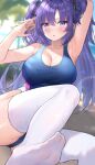  1girl absurdres alternate_costume arm_behind_head arm_up armpits ass bare_arms bare_shoulders blue_archive blue_one-piece_swimsuit blurry blurry_background breasts cleavage clothing_cutout competition_swimsuit depth_of_field feet frown hair_ornament haru_(re_ilust) highleg highleg_swimsuit highres large_breasts leg_up long_hair looking_at_viewer no_shoes one-piece_swimsuit open_mouth purple_eyes purple_hair side_cutout soles solo stretching swimsuit thighhighs thighs toes two_side_up v-shaped_eyebrows wet wet_thighhighs white_thighhighs yuuka_(blue_archive) 
