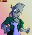  absurd_res anthro breasts chance_the_rabbit frown gradient_background green_eyes groping_chest hand_on_breast hi_res lagomorph leporid lordmarukio male mammal muscular pec_grab pecs rabbit simple_background suspenders viewer_pov 