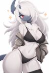  absol anthro bra breasts cleavage clothed clothing collar digital_media_(artwork) female generation_3_pokemon grin hair hi_res jacket nintendo one_eye_obstructed panties pokemon pokemon_(species) red_eyes simple_background smile solo sparkles sywu thick_thighs topwear underwear white_background 