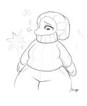  anthro beanie bottomwear breasts breath_cloud chubby_anthro chubby_female clothing detailed_background dinosaur erin_(snoot_game) female handwear hat headgear headwear leaf mittens monochrome orange_bongo pants reptile scalie scarf sketch snoot_game snout solo sweater thick_thighs topwear wide_hips winter_clothing 