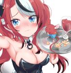  1girl alcohol arm_up armpits bare_shoulders blue_eyes blush breasts cafelittle carrying cleavage collar cup drinking_glass furrowed_brow hakos_baelz highres hololive hololive_english huge_breasts long_hair looking_at_viewer looking_up mr._squeaks_(hakos_baelz) nut_(food) playboy_bunny rabbit_tail red_hair tail tearing_up tray twintails white_background wine wine_glass 