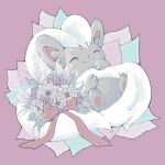  bouquet bow cinccino closed_eyes closed_mouth commentary_request flower happy highres lying no_humans on_back pokemon pokemon_(creature) purple_background smile solo stitches tamio1724 white_fur 