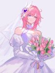  1girl bare_shoulders bouquet breasts closed_mouth collarbone commentary detached_sleeves dress elysia_(honkai_impact) flower grey_background hair_intakes hair_ornament heart heart_hair_ornament highres holding holding_bouquet honkai_(series) honkai_impact_3rd juliet_sleeves long_sleeves medium_breasts pink_flower pink_hair pointy_ears puffy_sleeves purple_eyes sidelocks simple_background smile solo veil weeiskaw white_dress white_sleeves 