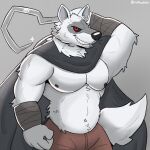  anthro bottomwear canid canine canis cape clothed clothing death_(puss_in_boots) dreamworks fur grey_body grey_fur hi_res looking_at_viewer male mammal muscular muscular_anthro muscular_male navel nipples pants pecs puss_in_boots_(dreamworks) red_eyes ruffusbleu simple_background smile solo tail teeth white_body wolf 