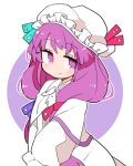  1girl blush closed_mouth dress frilled_sleeves frills hat ini_(inunabe00) long_hair long_sleeves looking_at_viewer mob_cap patchouli_knowledge purple_eyes purple_hair smile solo touhou white_dress white_headwear wide_sleeves 