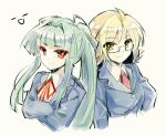  2girls akinomiya_asuka blonde_hair blue_jacket blunt_bangs breasts bright_pupils closed_mouth collared_shirt commentary_request crossed_arms glasses green_hair hair_intakes jacket long_hair long_sleeves magahara_mitama medium_hair multiple_girls mystical_power_plant neck_ribbon necktie open_clothes open_jacket original ponytail rectangular_eyewear red_eyes red_necktie ribbon shirt sketch small_breasts smile suitokuin_tenmu touhou white_background white_pupils white_shirt yellow_eyes 