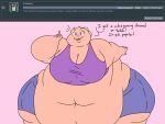  2018 4:3 5_fingers anthro ask_blog bar_emanata batspid2 belly big_belly big_breasts bottomwear breasts clothing crop_top cutoffs denim denim_clothing dialogue digital_drawing_(artwork) digital_media_(artwork) emanata english_text exclamation eyebrows eyelashes female fingers flabby_arms flat_colors frill_(anatomy) gesture head_crest head_frill juna_(batspid2) lizard membrane_(anatomy) membranous_frill morbidly_obese morbidly_obese_female navel obese obese_anthro obese_female overweight overweight_anthro overweight_female pink_background pink_body pink_skin pointing pointing_up purple_eyes reptile scalie shirt shorts simple_background smile solo text thick_thighs topwear wide_hips 