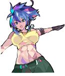  1girl absurdres armlet blue_eyes blue_hair camouflage camouflage_pants cargo_pants dog_tags earrings enpe gloves highres jewelry leona_heidern pants ponytail simple_background snk solo tank_top the_king_of_fighters the_king_of_fighters_xv triangle_earrings white_background yellow_tank_top 