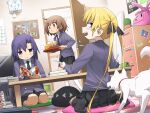  3girls blazer blush_stickers cactus calendar_(object) chest_of_drawers clock collared_shirt copyright_name cup cushion dog door drinking_glass formal goshiki_agiri highres holding holding_pen holding_tray indoors jacket kill_me_baby kneehighs kneeling long_hair looking_back manga_(object) miniskirt mirror multiple_girls necktie oribe_yasuna pen pencil_case photo_(object) pleated_skirt poster_(object) reading school_uniform shirt sitting skirt socks sonya_(kill_me_baby) sticker studying stuffed_toy table television tray twintails wariza yachima_tana 