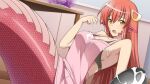  1girl apron artist_request bad_food bowl breasts cleavage facial_mark food food_on_body food_on_breasts food_on_head game_cg hair_between_eyes hair_ornament hairclip icing lamia large_breasts long_hair looking_at_viewer miia_(monster_musume) monster_girl monster_musume_no_iru_nichijou monster_musume_no_iru_nichijou_online non-web_source object_on_head official_alternate_costume official_art open_mouth pink_apron pointy_ears red_scales scales slit_pupils solo yellow_eyes 