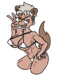  2023 alternate_costume animal_humanoid big_breasts bikini blonde_highlights breasts clothing digital_media_(artwork) fang_honebuchi fang_honebuchi_(artist) female gesture hair hi_res highlights_(coloring) humanoid hyena hyena_humanoid inner_ear_fluff mammal mammal_humanoid muscular muscular_female one_eye_closed red_eyes sharp_teeth shaved_sides silver_hair simple_background sketch solo swimwear tanned_skin teeth tuft v_sign vtuber white_background white_bikini white_clothing white_swimwear wink 