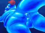  anthro anus balls blue_body butt butt_focus chubby_tail clothing flan_(everhood) genitals glistening glistening_body goo_creature hat headgear headwear hi_res looking_at_viewer male overweight perineum puffy_anus solo supersponger tail tongue tongue_out 