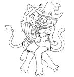  2023 akunim anthro assisted_exposure bottomless bound breasts cat_witch_(smekbo) cleavage_cutout clothed clothing crown digital_media_(artwork) domestic_cat duo felid feline felis female female/female hair hat headgear headwear legs_tied mammal medium_breasts monochrome nervous_smile nervous_sweat nipples no_underwear open_mouth pantherine paws pulling_clothing pulling_down_top shaded sitting small_breasts smekbo sweater sweater_only tail topwear topwear_only witch_hat 