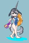  1girl alternate_costume bare_arms bare_legs bare_shoulders barefoot black_bow black_choker blue_eyes blue_one-piece_swimsuit blush bow cetacean_tail choker collarbone competition_swimsuit fins fish_tail gravi_pig4891 grey_hair grey_one-piece_swimsuit hair_bow head_fins highres innertube japari_symbol kemono_friends looking_at_viewer multicolored_hair narwhal_(kemono_friends) one-piece_swimsuit polearm short_hair short_hair_with_long_locks snorkel_mask solo spear swimsuit tail two-tone_hair two-tone_one-piece_swimsuit weapon whale_girl 