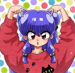  1girl blush cat_girl double_bun hair_bun open_mouth polka_dot polka_dot_background purple_eyes purple_hair ranma_1/2 red_sweater shampoo_(ranma_1/2) solo sweater wanta_(futoshi) 