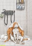  absurd_res anthro asian_mythology canid canine color_sketch digital_media_(artwork) east_asian_mythology english_text eyes_closed female fluffy fluffy_ear fluffy_tail fur hair hengeyokai hi_res japanese_mythology mammal mythology nude orange_hair paws rinkamo rinkamo(oc) rinkamo_(character) shower sketch smile solo tail text water white_body yokai 