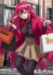  1girl bag baobhan_sith_(fate) black_sweater boots breasts brown_skirt curly_hair fate/grand_order fate_(series) grey_eyes handbag highres jacket ksfactory leggings medium_breasts open_mouth pointy_ears red_hair red_jacket shopping_bag skirt sweater zettai_ryouiki 