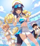  3girls ahoge aile_(crossroads) animal_ears bare_shoulders baseball_cap black_hair black_headwear blonde_hair blue_archive blue_eyes blue_sky blunt_bangs blush braid breasts cheerleader cleavage commentary_request criss-cross_halter crop_top day dog_ears dog_tail eyewear_on_head goggles halo halterneck hat hibiki_(blue_archive) hibiki_(cheer_squad)_(blue_archive) highres holding holding_pom_poms justice_task_force_member_(blue_archive) kotori_(blue_archive) kotori_(cheer_squad)_(blue_archive) large_breasts long_hair looking_at_viewer low_twintails midriff millennium_cheerleader_outfit_(blue_archive) miniskirt multiple_girls navel open_mouth outdoors pleated_skirt pom_pom_(cheerleading) ponytail red_eyes shirt short_hair short_sleeves short_twintails sidelocks skirt sky smile sports_bra stadium standing star_sticker sticker_on_face tail thigh_strap thighs twintails white_shirt white_skirt 